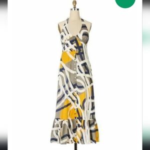 Anthropologie Maeve Soft Geometry Halter Dress Multicolor Button Maxi Size 6 Y2K